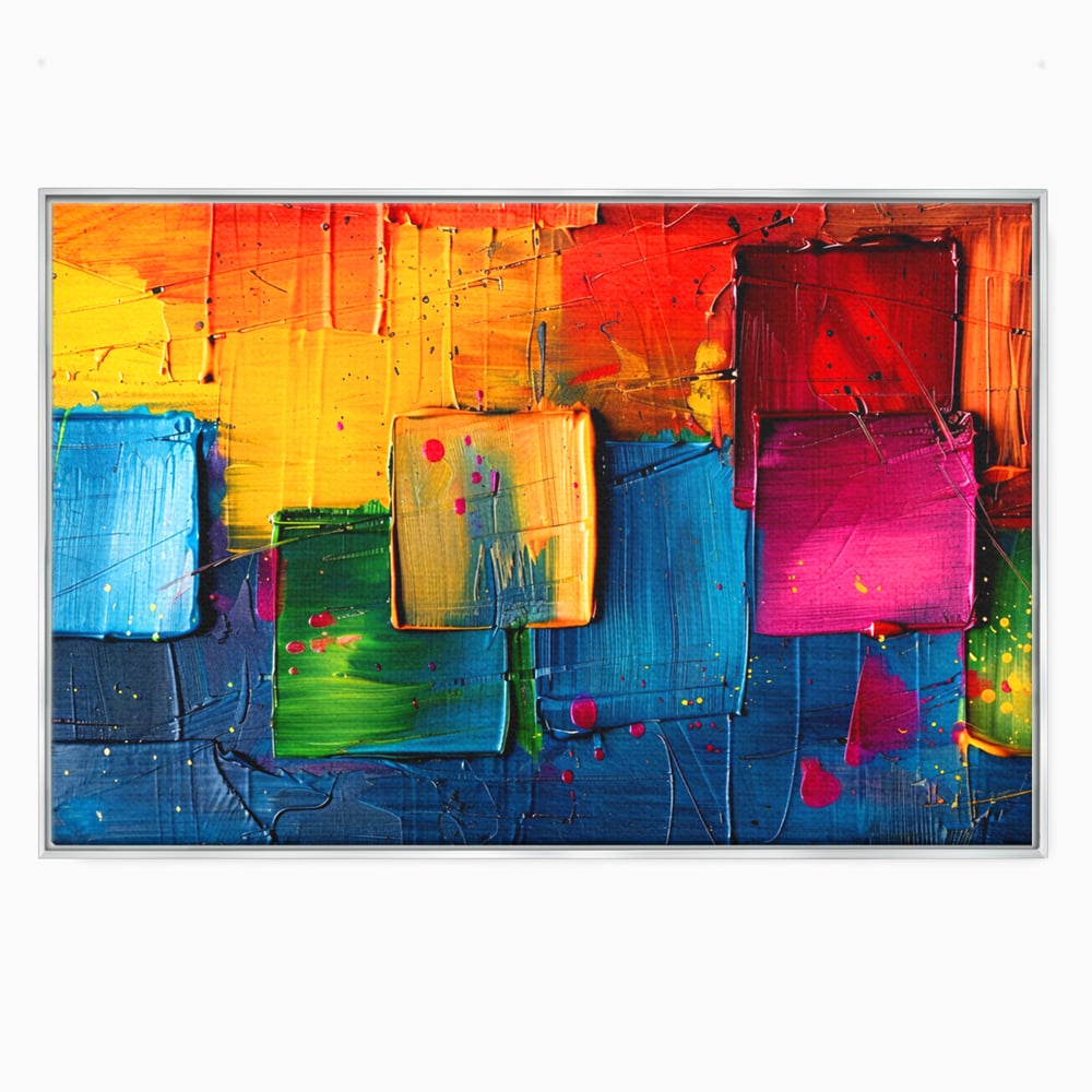 Tablou canvas cu pictura abstracta cu patrate colorate in relief, in rama de aluminiu argintiu
